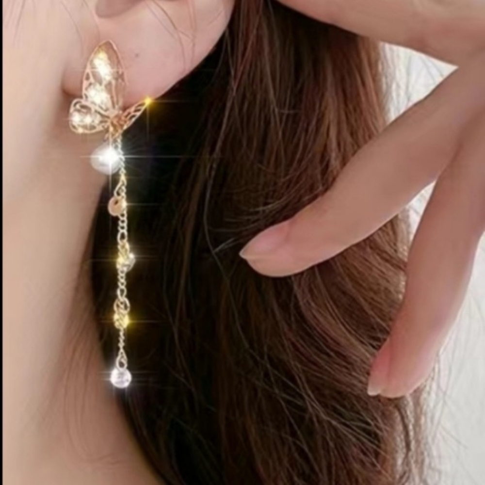 Butterfly Tassel Earrings Faux Pearl and Rhinestone